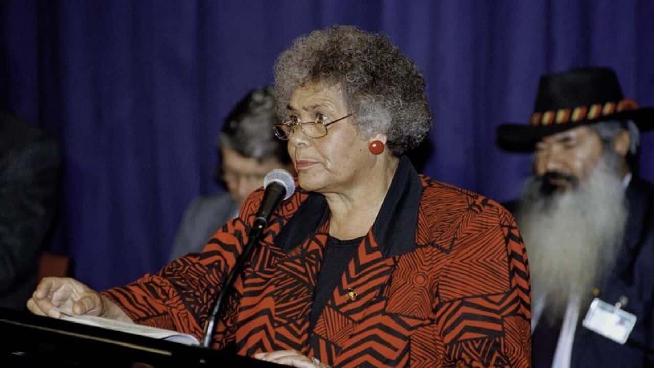 Lowitja (Lois) O'Donoghue at lectern with Pat Dodson behind