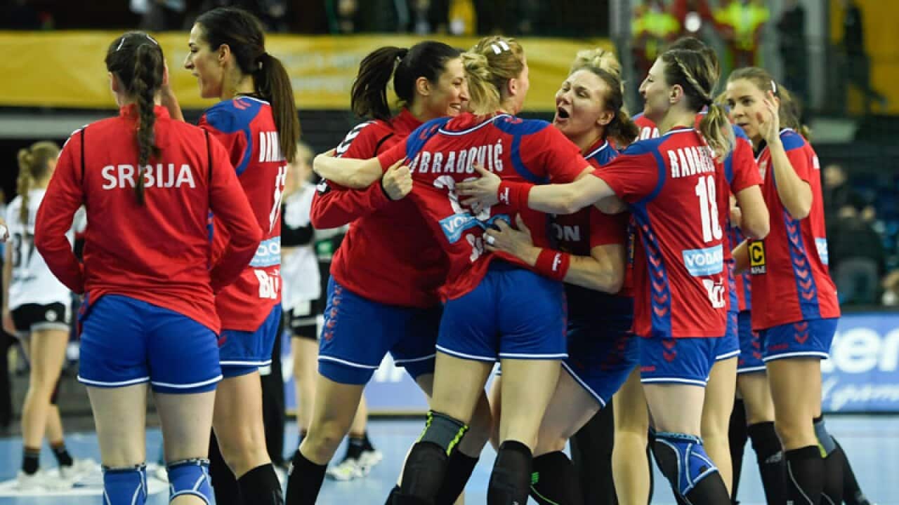 The women's volleyball celebrates their win in Japan