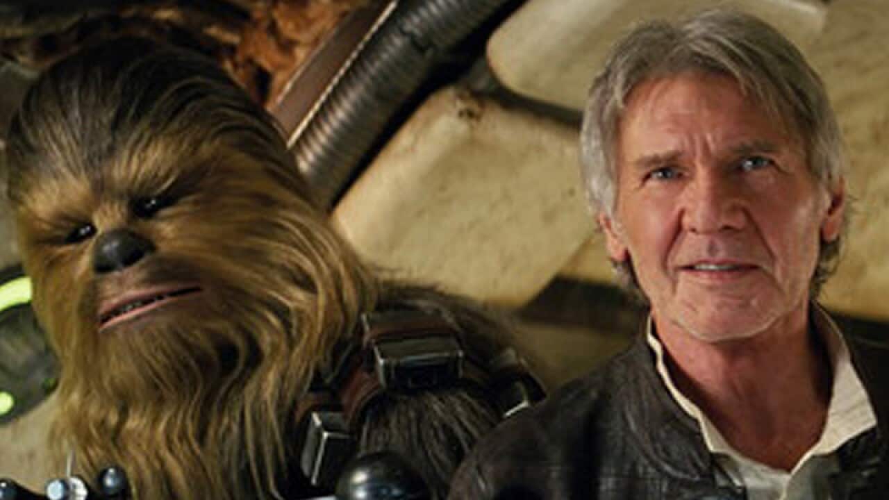 Peter Mayhew as Chewbacca and Harrison Ford as Han Solo