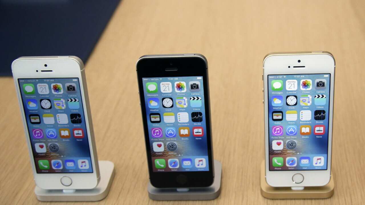 The iPhone SE during an Apple event in California