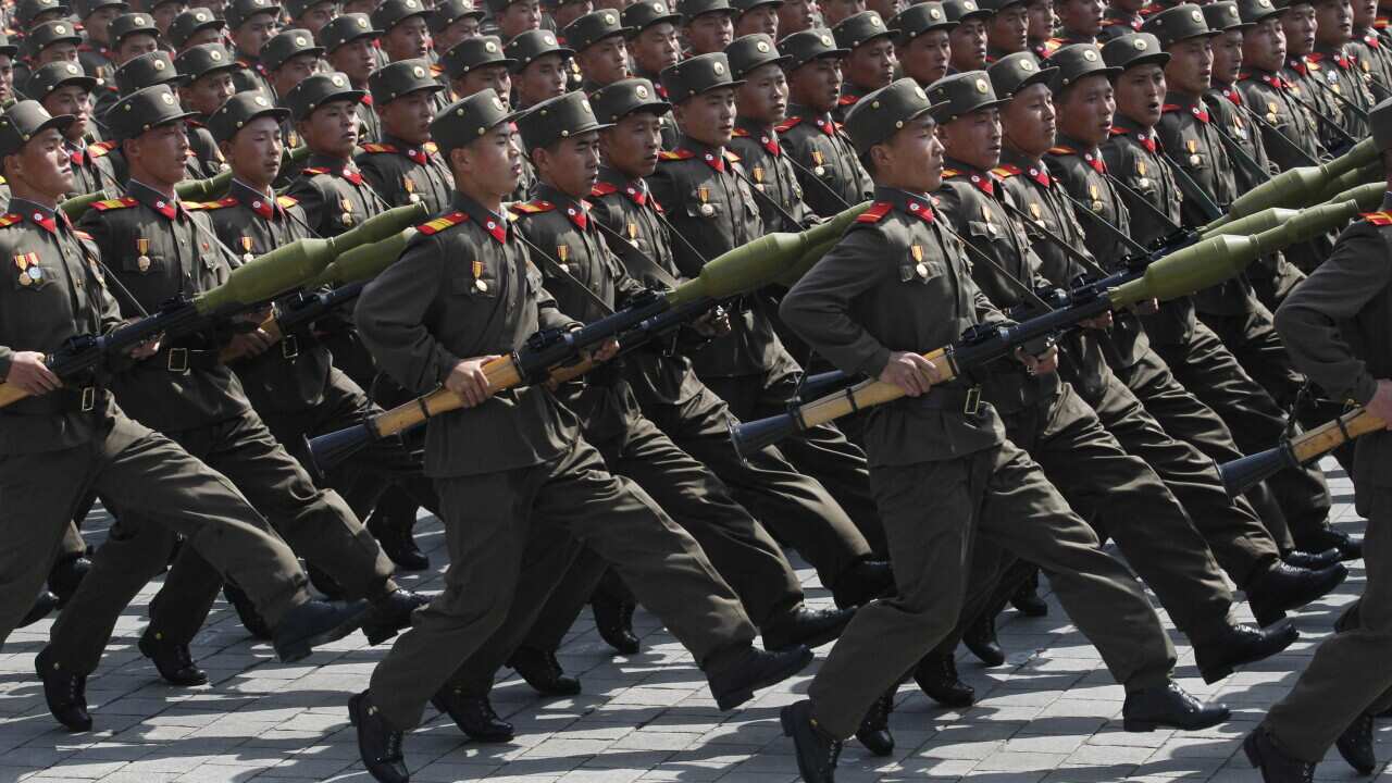 North Korean soldiers in formation marching.