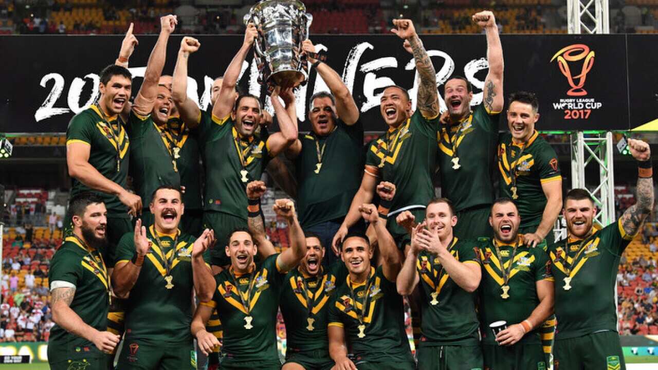 Australia celebrates winning the Rugby League World Cup Final between the Australian Kangaroos and England.