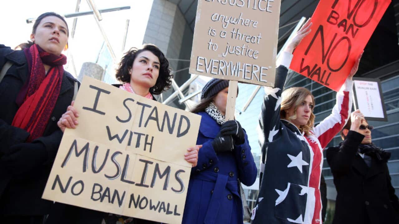 Protests against Donald Trump's ban were held around the world.