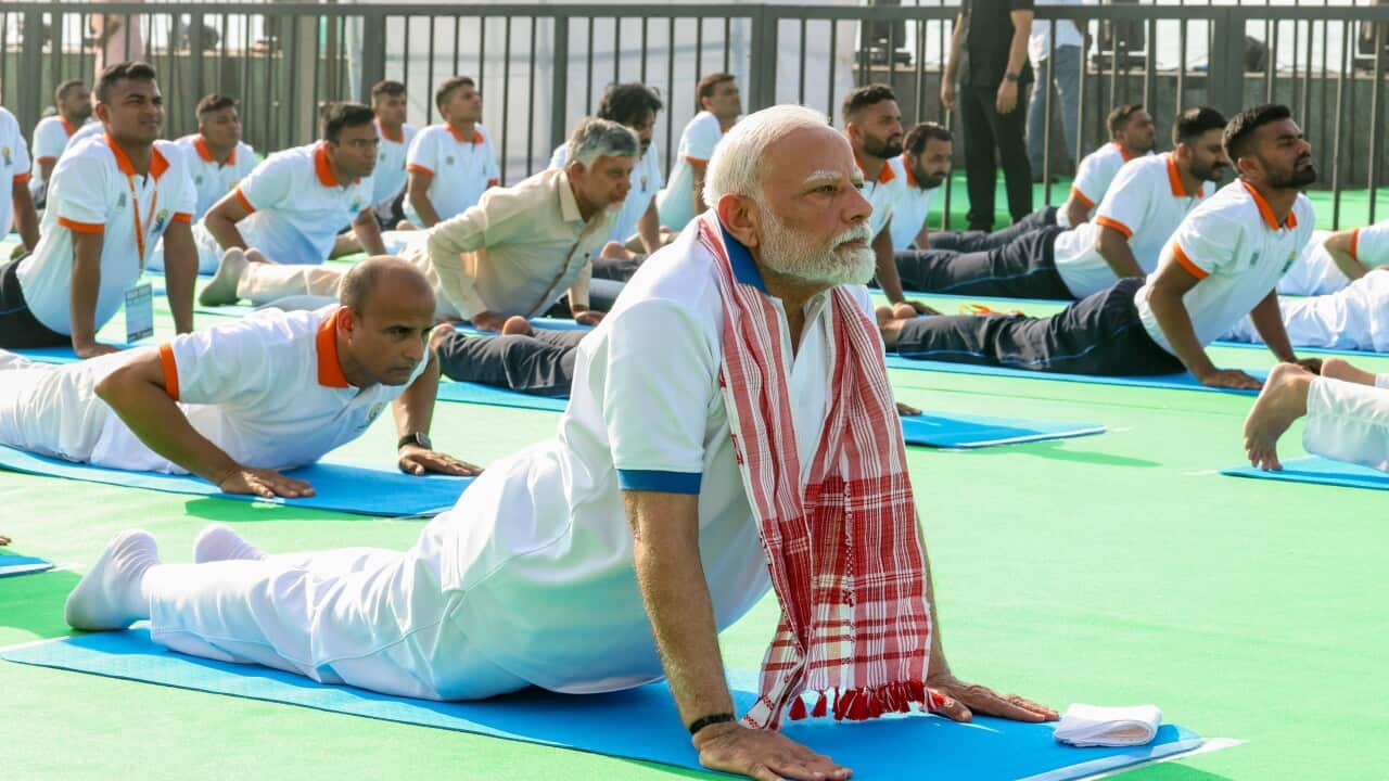 Indian prime minister Narendra Modi perform Yoga to mark International Day of Yoga celebrations in Visakhapatnam