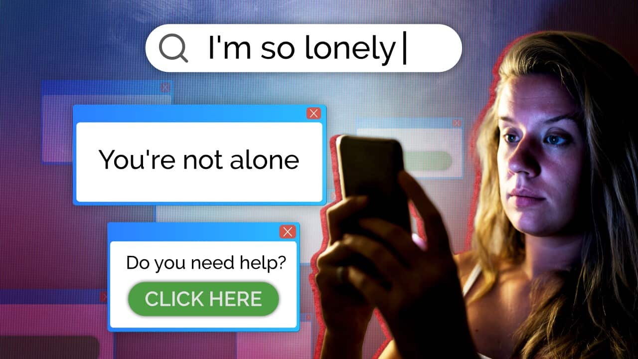A digital artwork showing a woman using her phone. A search bar shows she is searching "I'm so lonely", with two pop-up boxes underneath that read "You're not alone" and "Do you need help? Click here".