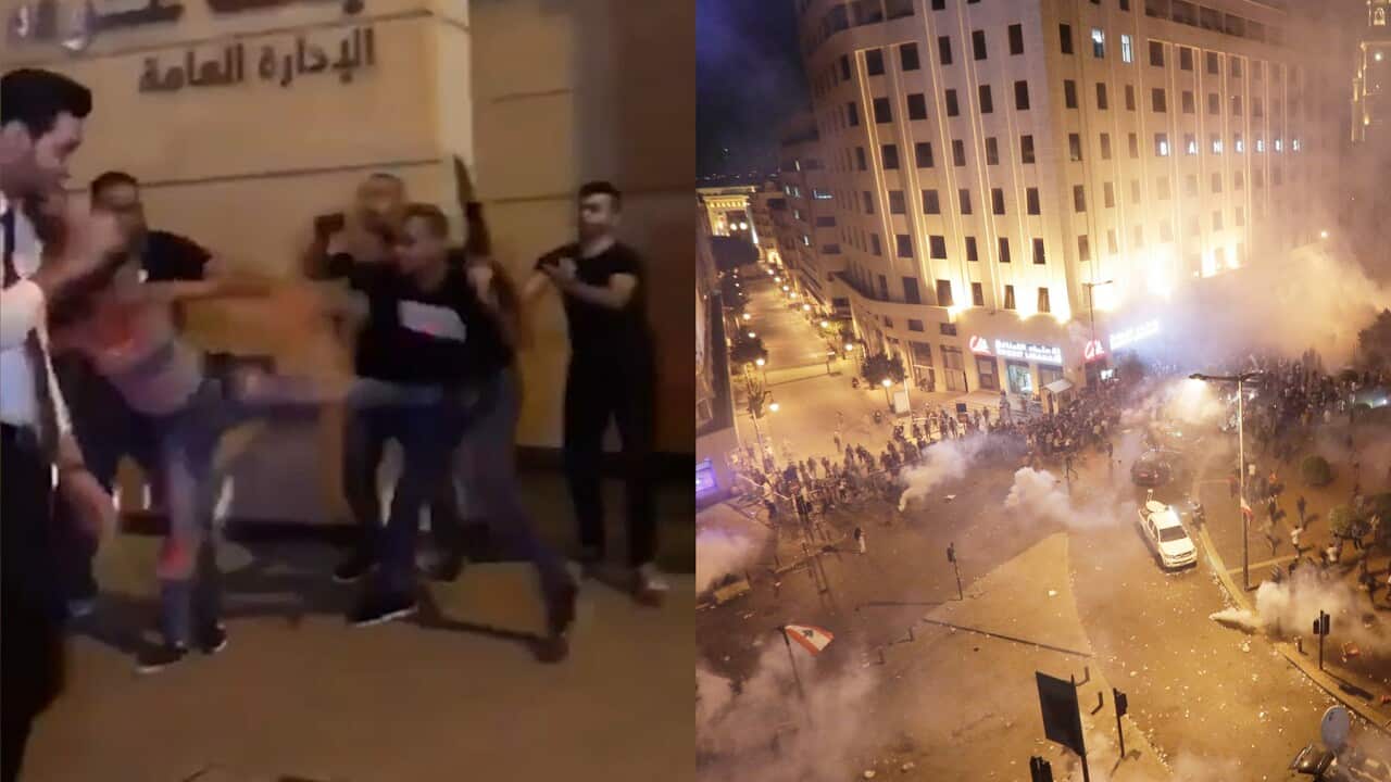 In a scuffle, as another bodyguard steps back while holding a gun in the air, the woman leans back and fires a left-footed side kick into his groin.