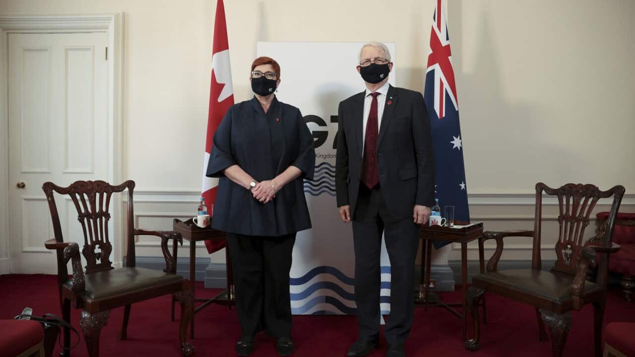 Foreign Affairs Minister Marise Payne (L) with Canadian Minister of Foreign Affairs Marc Garneau