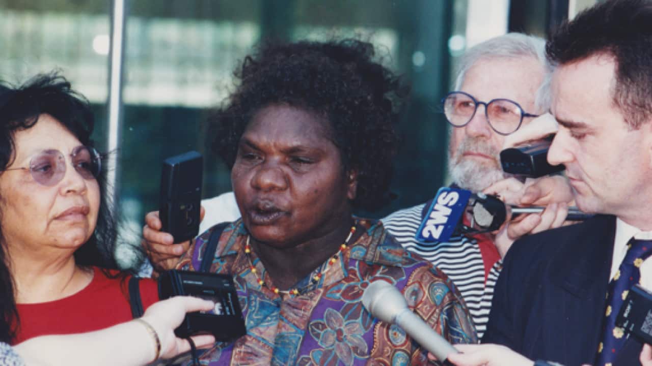Wik claimant Gladys Tybingooompa speaks to media after the High Court decision in 1996