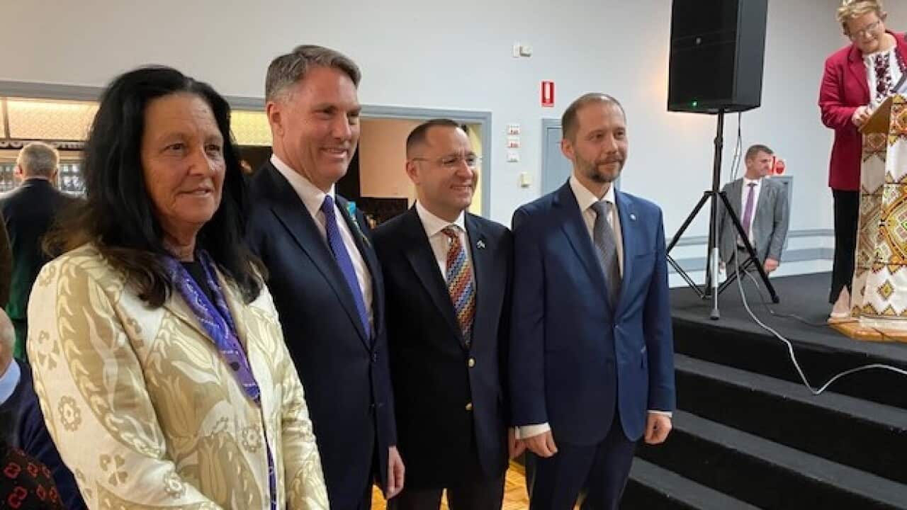 Ms Christine Couzens MP Victoria, Mr Richard Marles Deputy Prime Minister, Ambassadors Vasyl Myroshnychenko and Michał Kołodziejski.