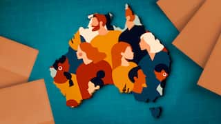 An outline of the map of Australia, filled with illustrations of human silhouettes and a teal and orange background.