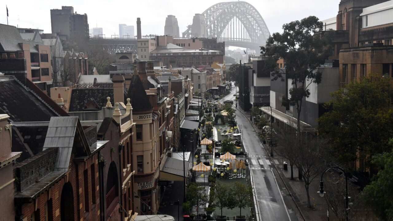 George Street in The Rocks is seen empty in Sydney amid a coronavirus lockdown on Tuesday, 29 June, 2021.