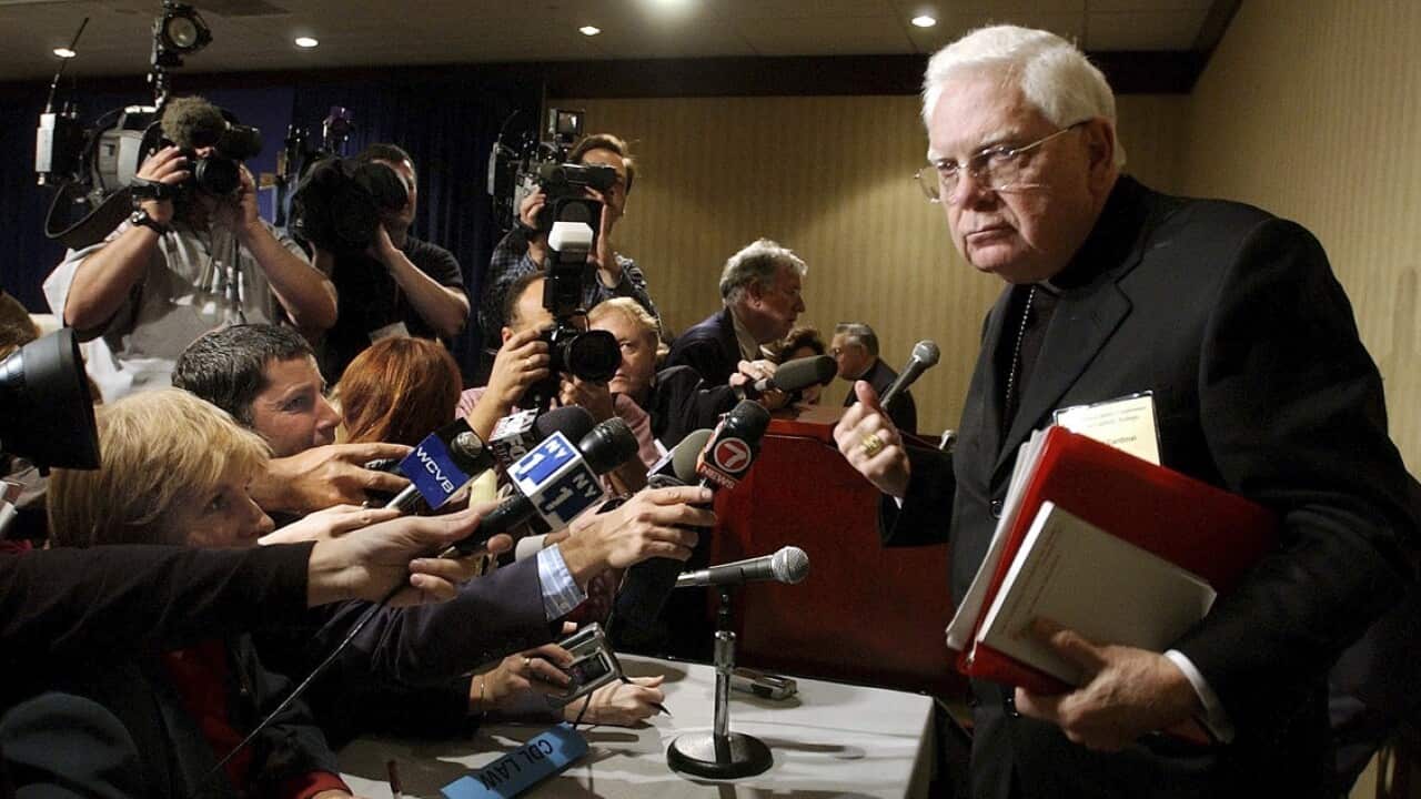 Nov 2002: Cardinal Law at the second day of the US Conference of Catholic Bishops annual meeting. he disgraced former archbishop has died aged 86.