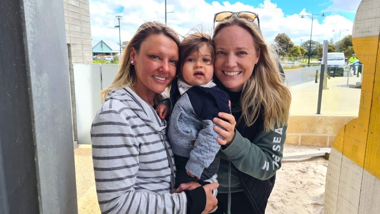 Perth resident Raquel Schwarcz-Young (left) her wife Darcie (right) and their 11-month-old son.
