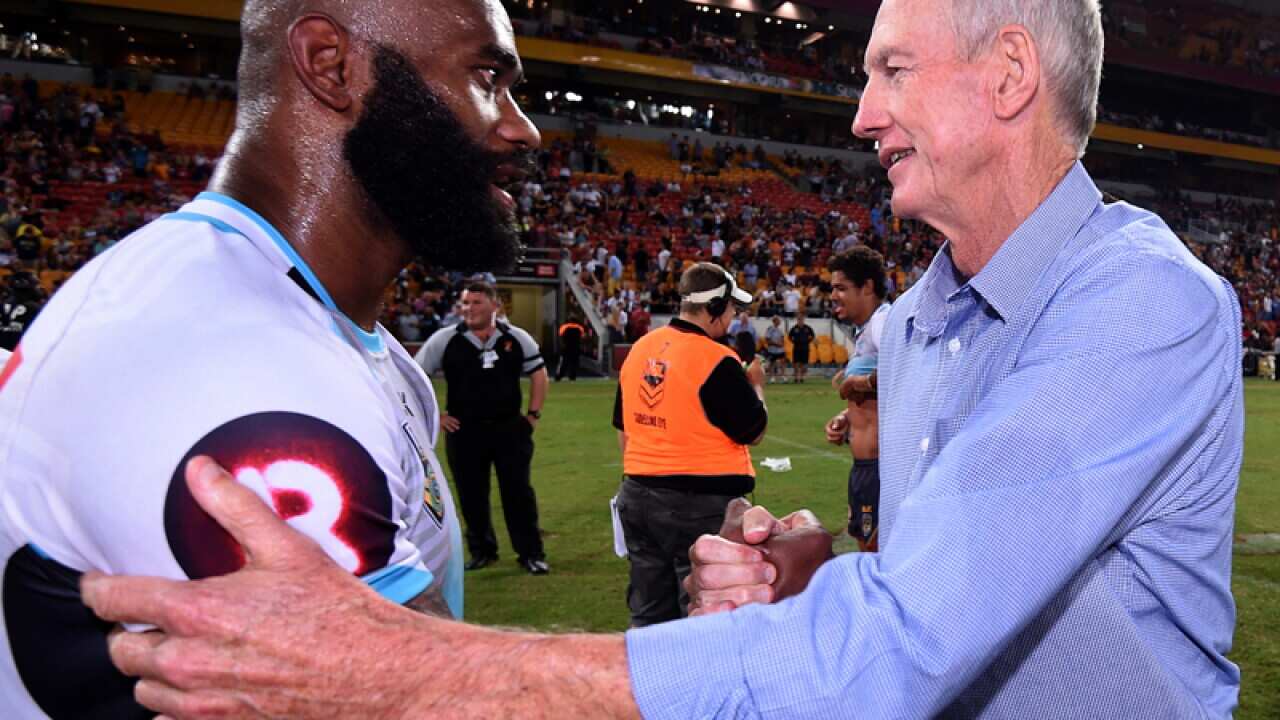 World All Stars coach Wayne Bennett (L) and Semi Radradra