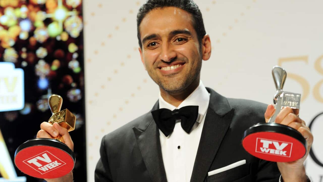 Gold Logie winner Waleed Aly with his gold and silver Logies after the 2016 Logie Award. (AAP)
