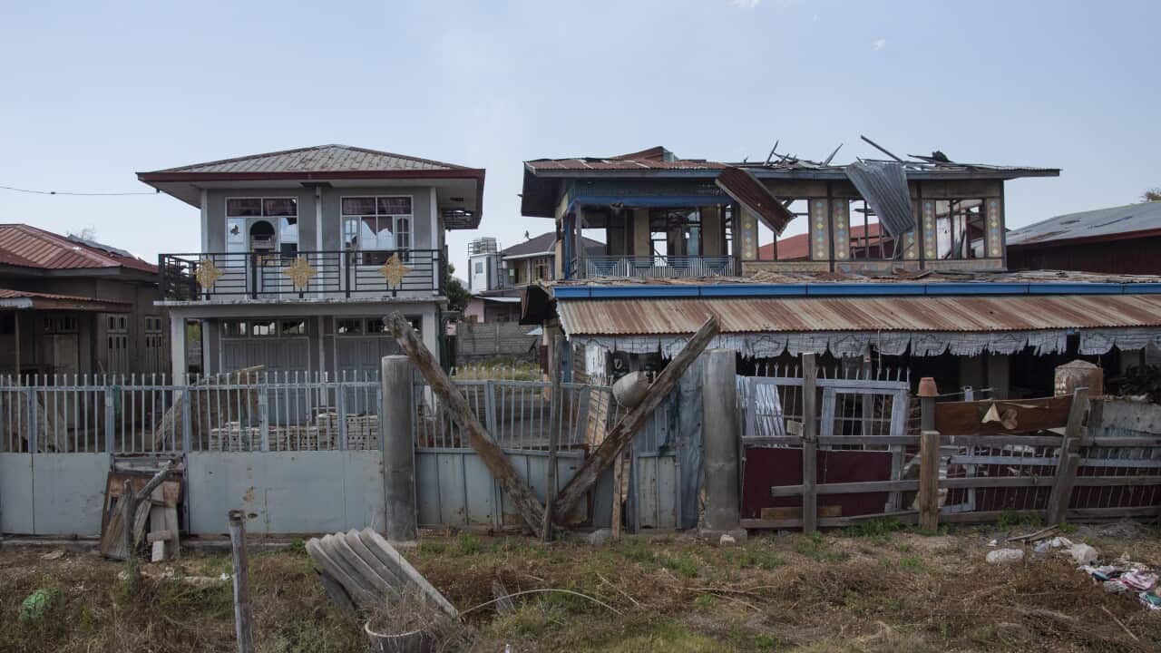 Houses destroyed by bombs dropped by the burmese air force.