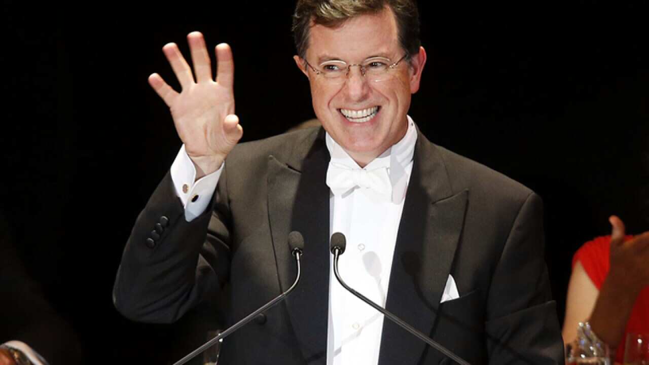 Stephen Colbert delivers an address at a dinner in New York