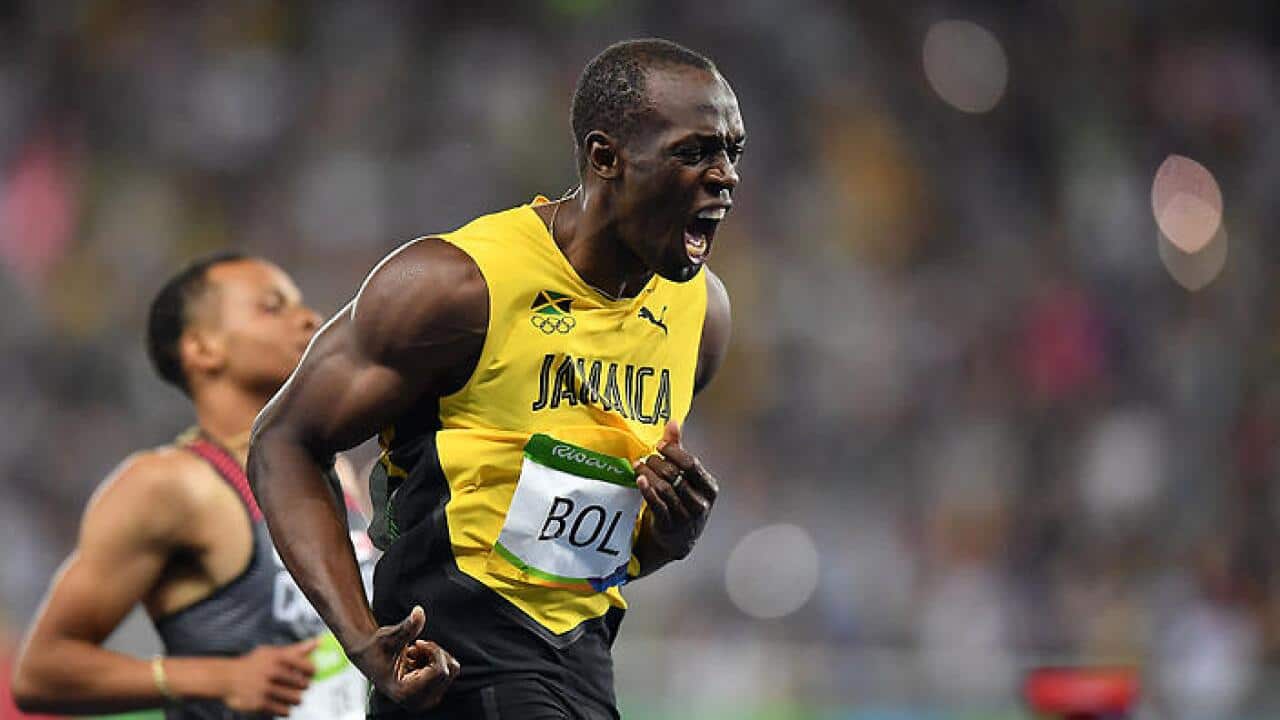 Rio , Brazil - 18 August 2016, Usain Bolt of Jamaica celebrates winning gold in the Men's 200m Final