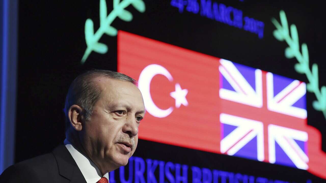 Turkey's President Recep Tayyip Erdogan speaks during a Turkish-U.K. forum in Antalya, Turkey, Saturday, March 25, 2017.