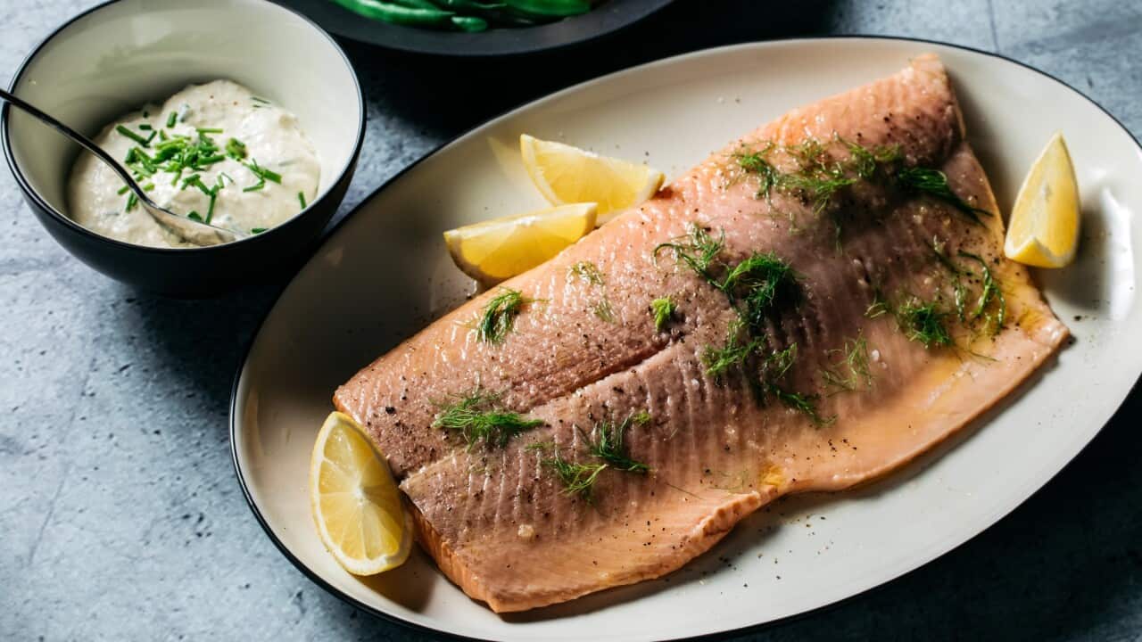 King salmon poached in court bouillon with horseradish cream