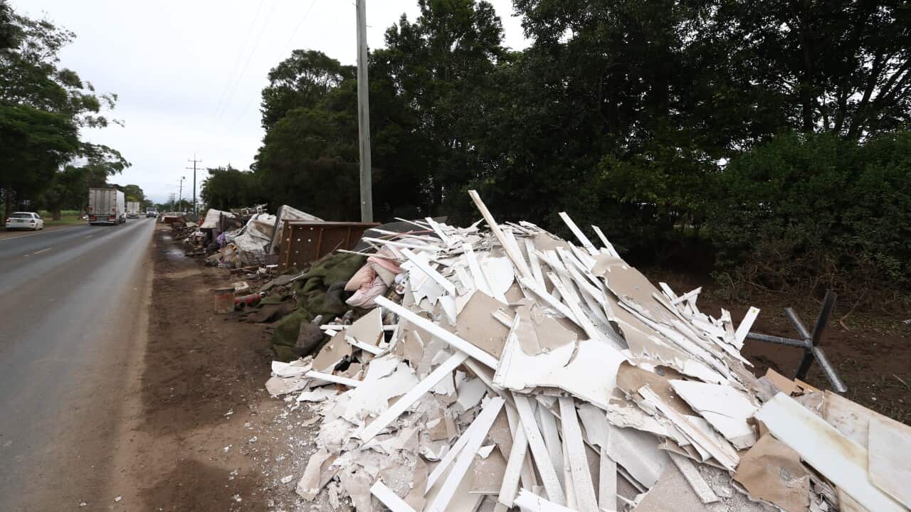 Rubbish from homes and debris from recent flooding at Tweed Valley in Murwillumbah, 848 km north-east of Sydney, Friday, March 11, 2022. (AAP Image/Jason O'Brien) NO ARCHIVING