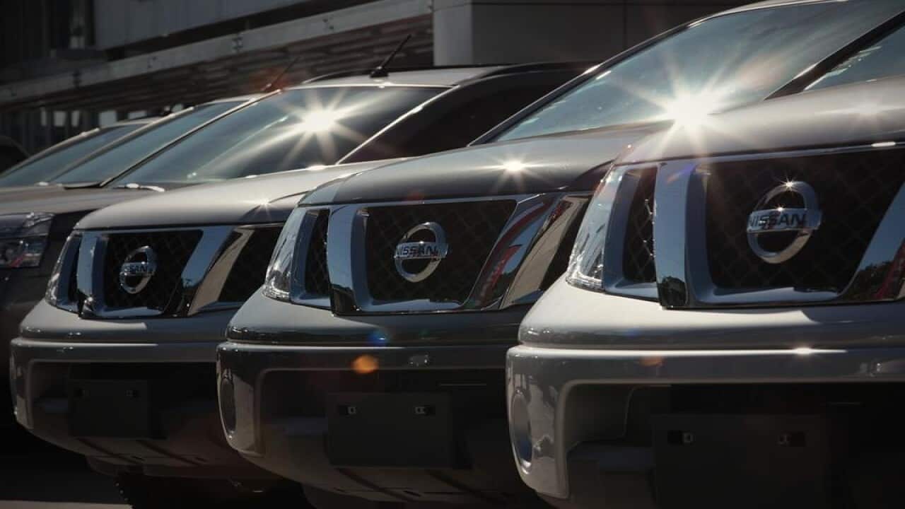 Nissan cars sit at a car yard at Mount Gravatt in Brisbane.