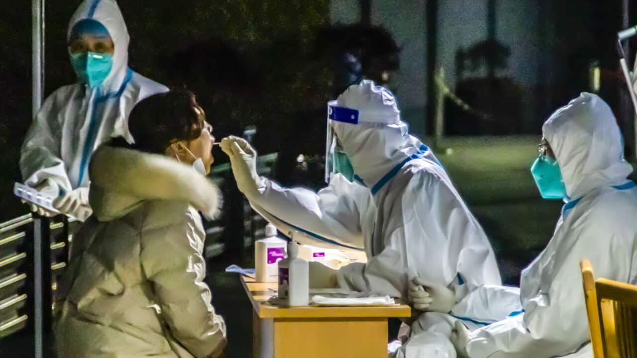 A medical worker is seen taking a sample for a COVID-19 test.