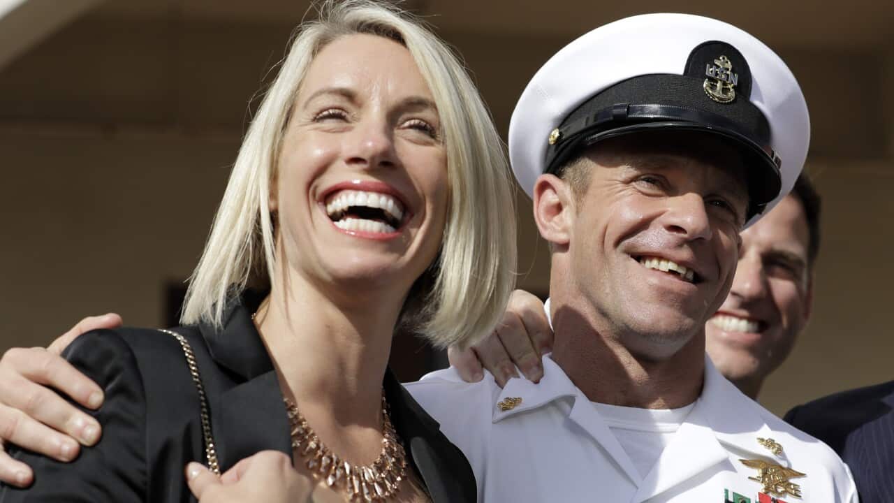 Navy Special Operations Chief Edward Gallagher and his wife Andrea Gallagher leave his court martial.