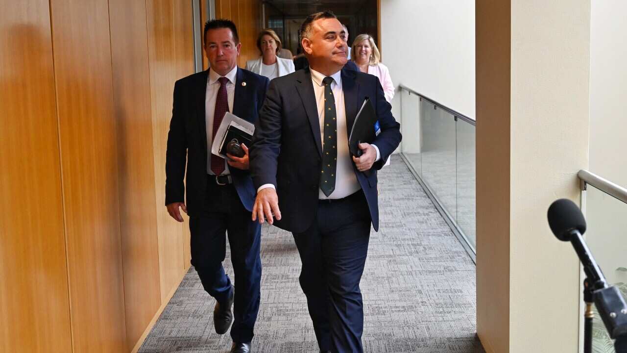 NSW Nationals Party Leader John Barilaro and Deputy Leader Paul Toole leave after the National Party meeting in Sydney on 15 September, 2020.