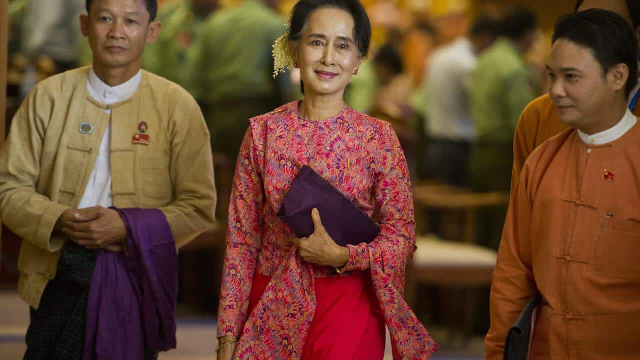 NLD leader Aung San Suu Kyi leaves after the new lower house parliamentary session in Naypyidaw (Getty )