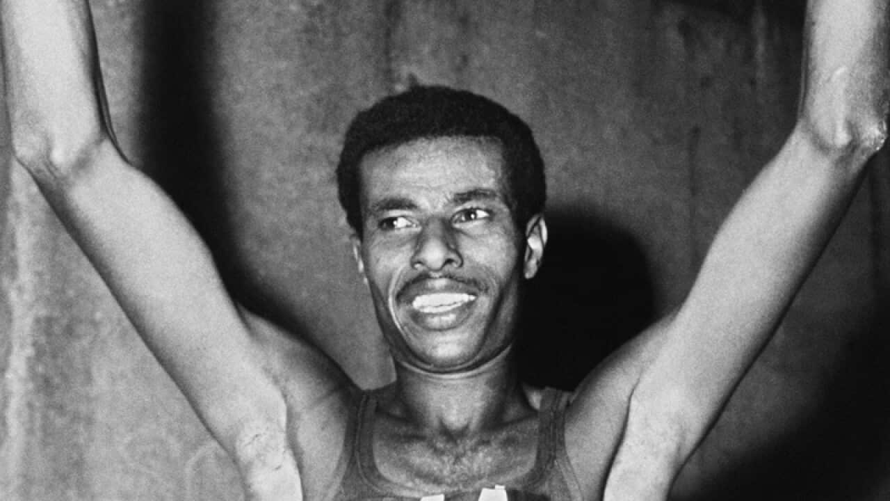 Ethiopia's Abebe Bikila after winning the Olympic marathon race, Rome