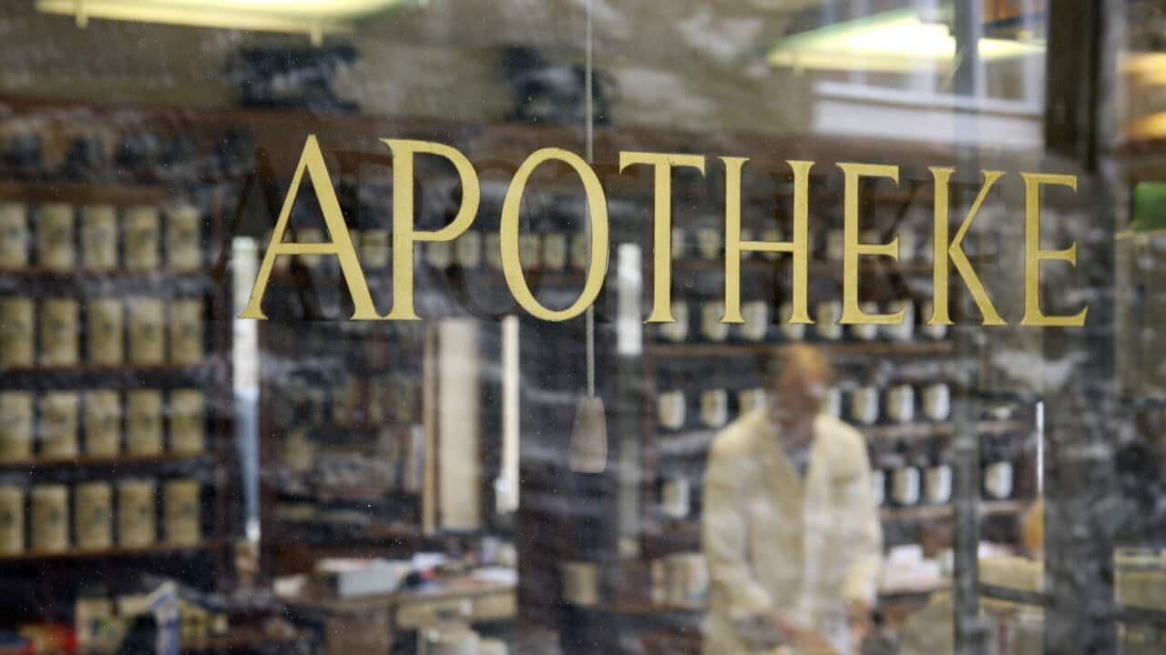 Shop window of German pharmacy (Apotheke) in Schwabisch Hall, Baden-Württemberg, Germany