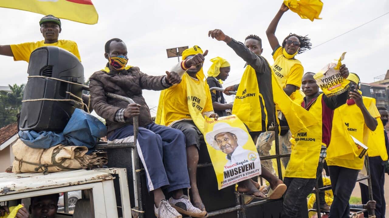 Supporters of Ugandan President Yoweri Kaguta Museveni celebrate in Kampala, Uganda