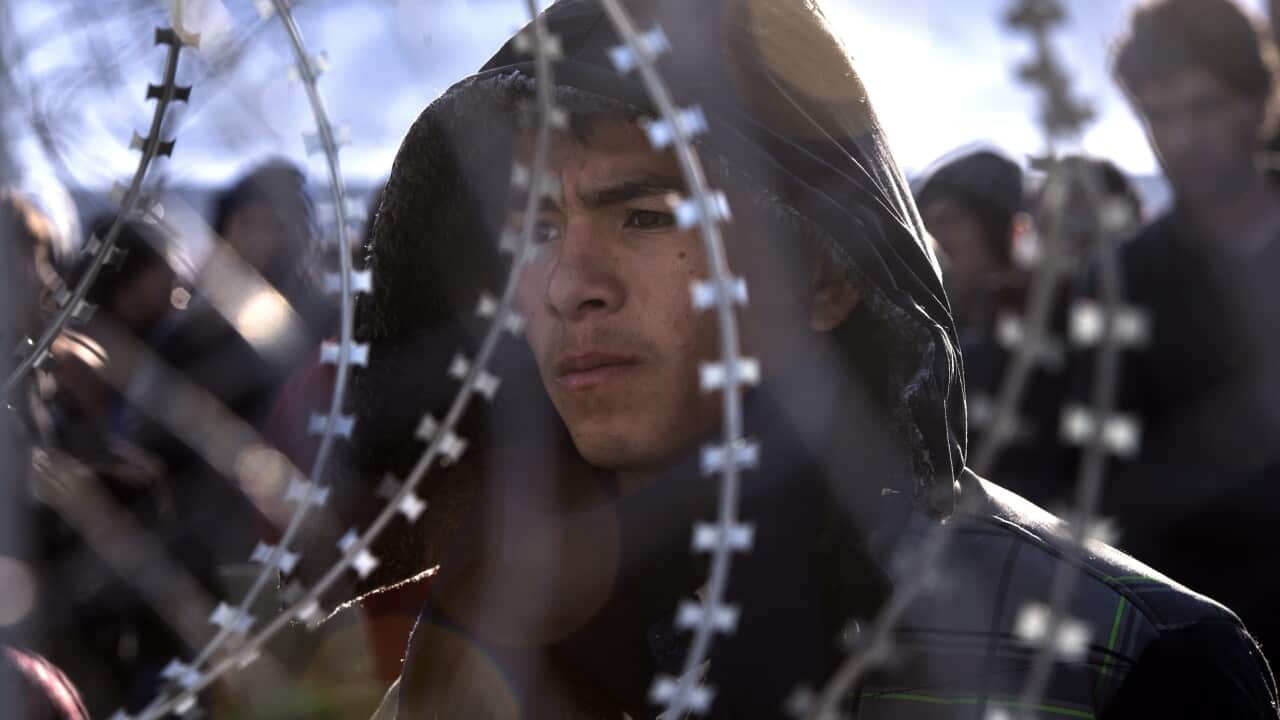 Afghan migrants who have no permission to cross the border between Greece and Macedonia, stay behind a fence, near Gevgelija, The Former Yugoslav Republic of Macedonia, 23 February 2016.