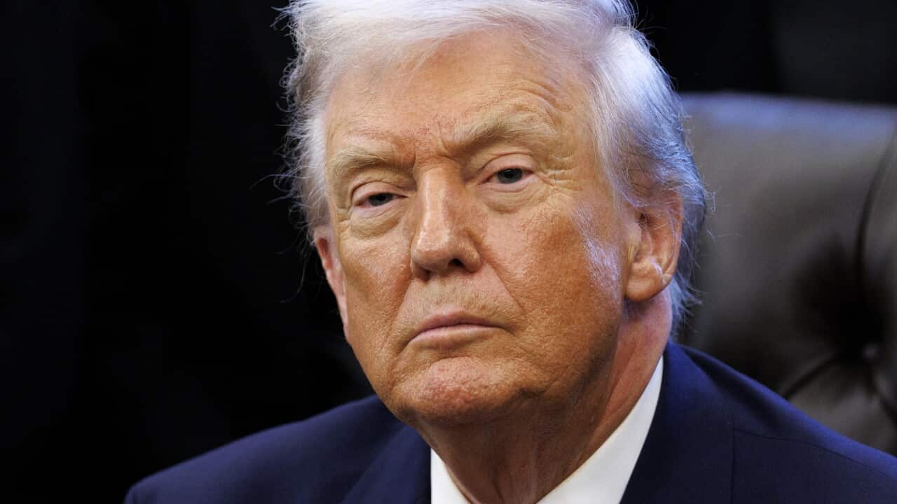 Donald Trump, sitting in a black chair.