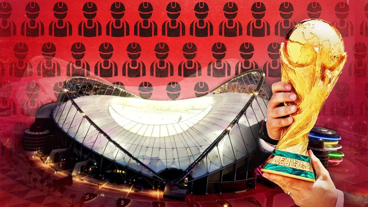 An artwork of a stadium, the World Cup trophy and construction worker icons