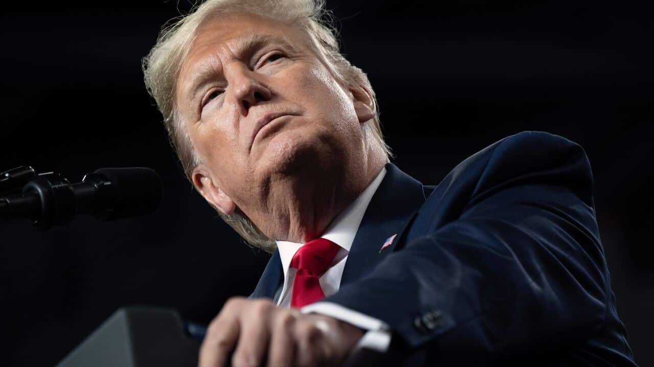 US President Donald Trump speaks during a "Keep America Great" campaign rally at Huntington Center in Toledo, Ohio.