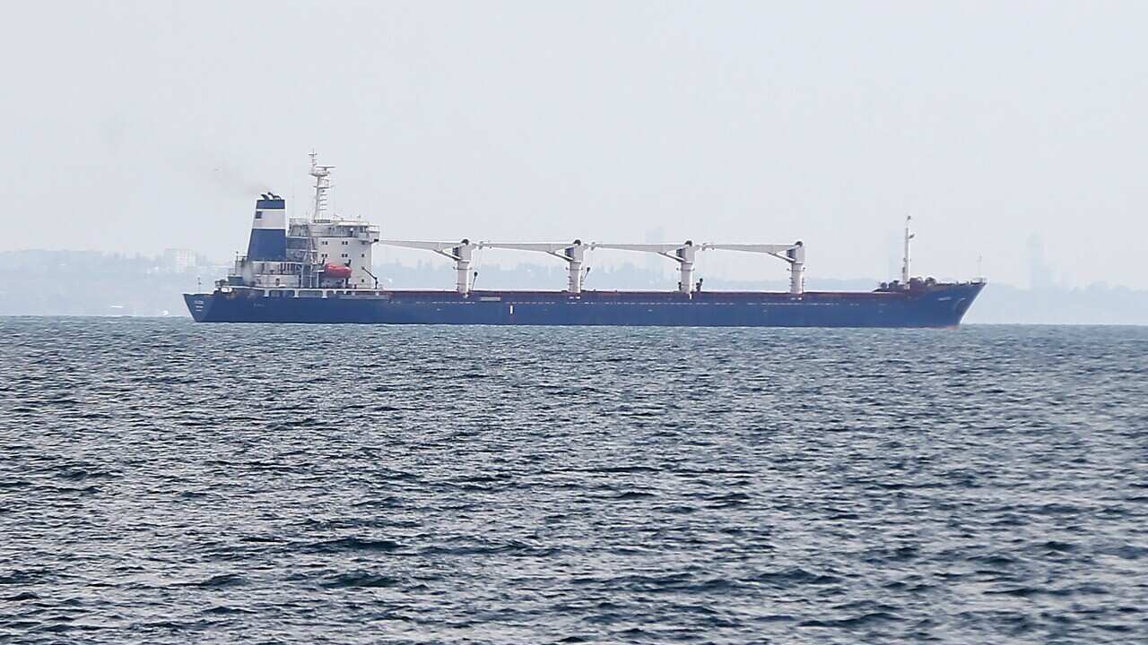 Sierra Leone-flagged cargo ship 'Razoni' leaves the port of Odesa, Ukraine, 01 August 2022.