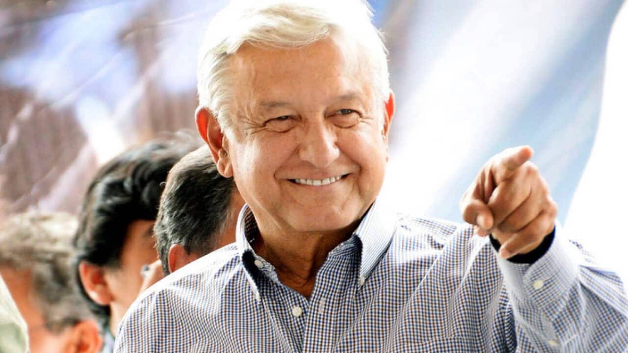 Photo taken June 20, 2018, shows presidential candidate Andres Manuel Lopez Obrador at a campaign rally in central Mexico. Lopez Obrador declared victory on July 1, 2018, after exit polls showed he had won by a landslide. (Kyodo via AP Images) ==Kyodo