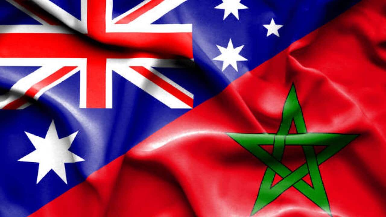 Waving flag of Morocco and Australia