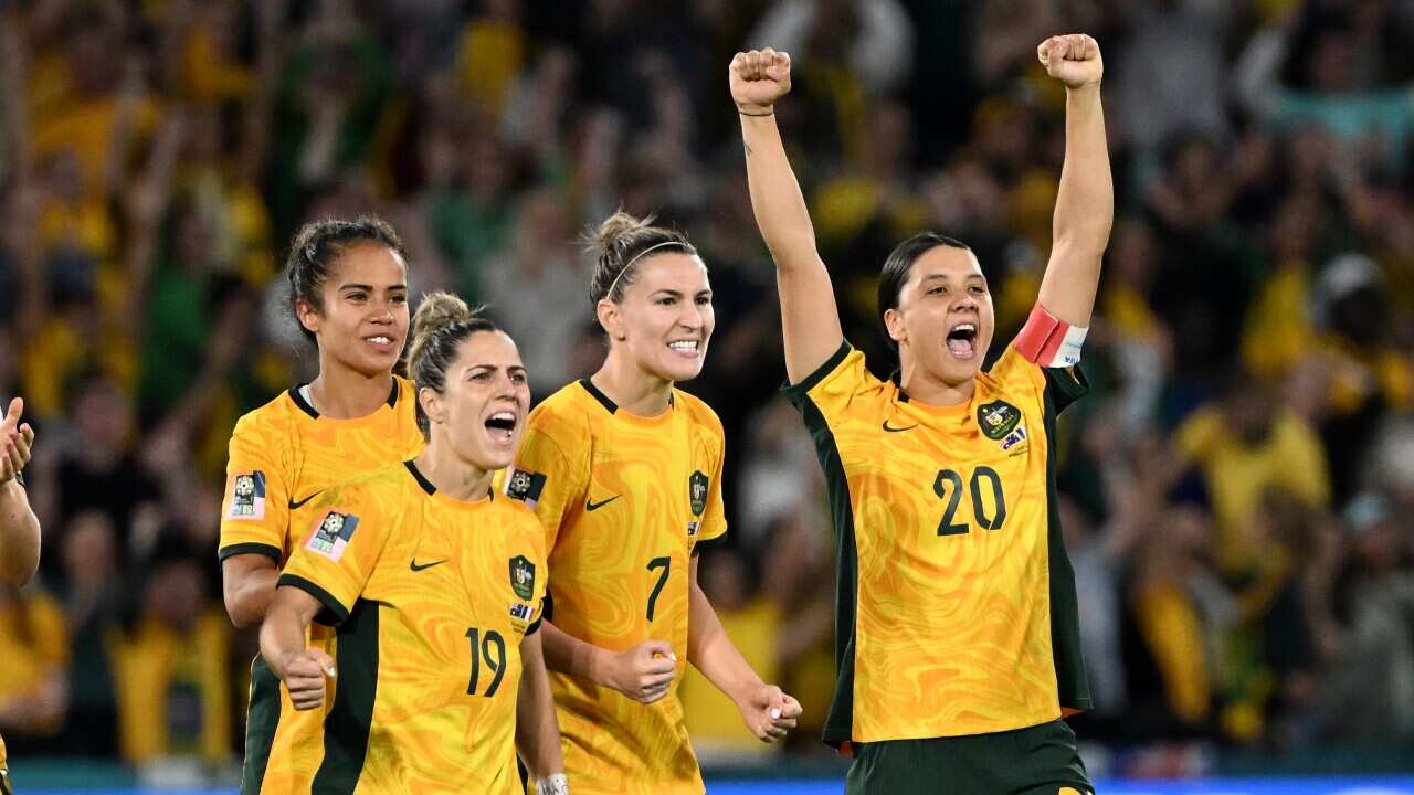 (Left to right) Mary Fowler, Katrina Gorry, Steph Catley and Sam Kerr of Australia during the FIFA Women's World Cup 2023