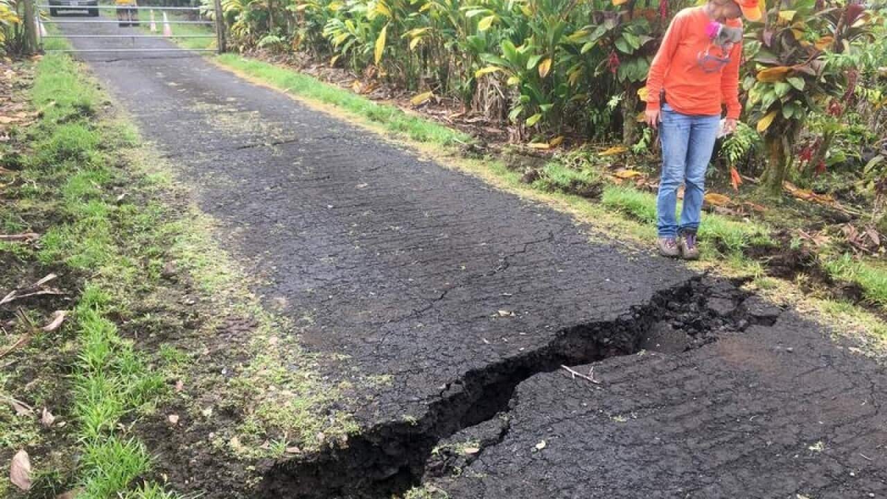 A geologist inspects a widening crack on Old Kalapana Road, Hawaii