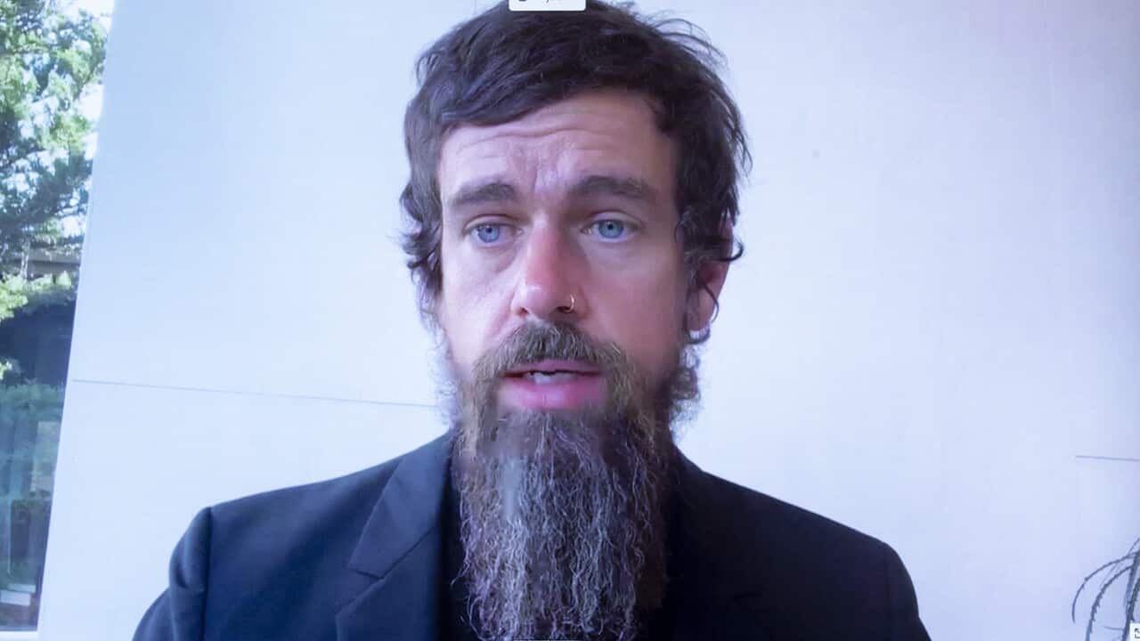 CEO of Twitter Jack Dorsey testifies remotely during the Senate Commerce, Science, and Transportation Committee hearing in Washington.