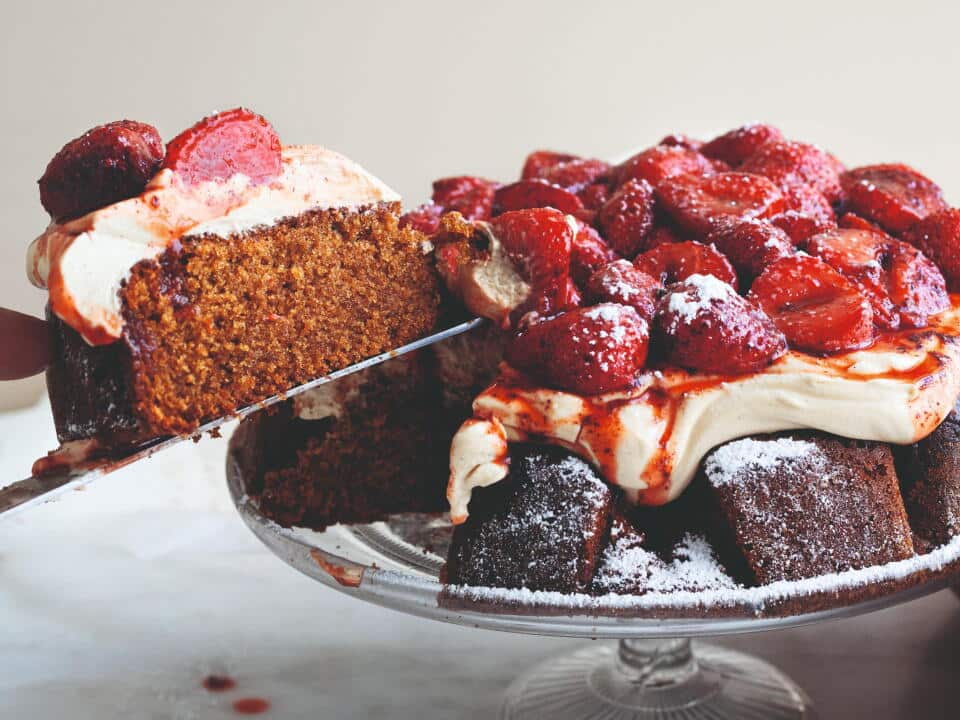 Brown sugar cake with brown sugar cream and sumac roasted strawberries