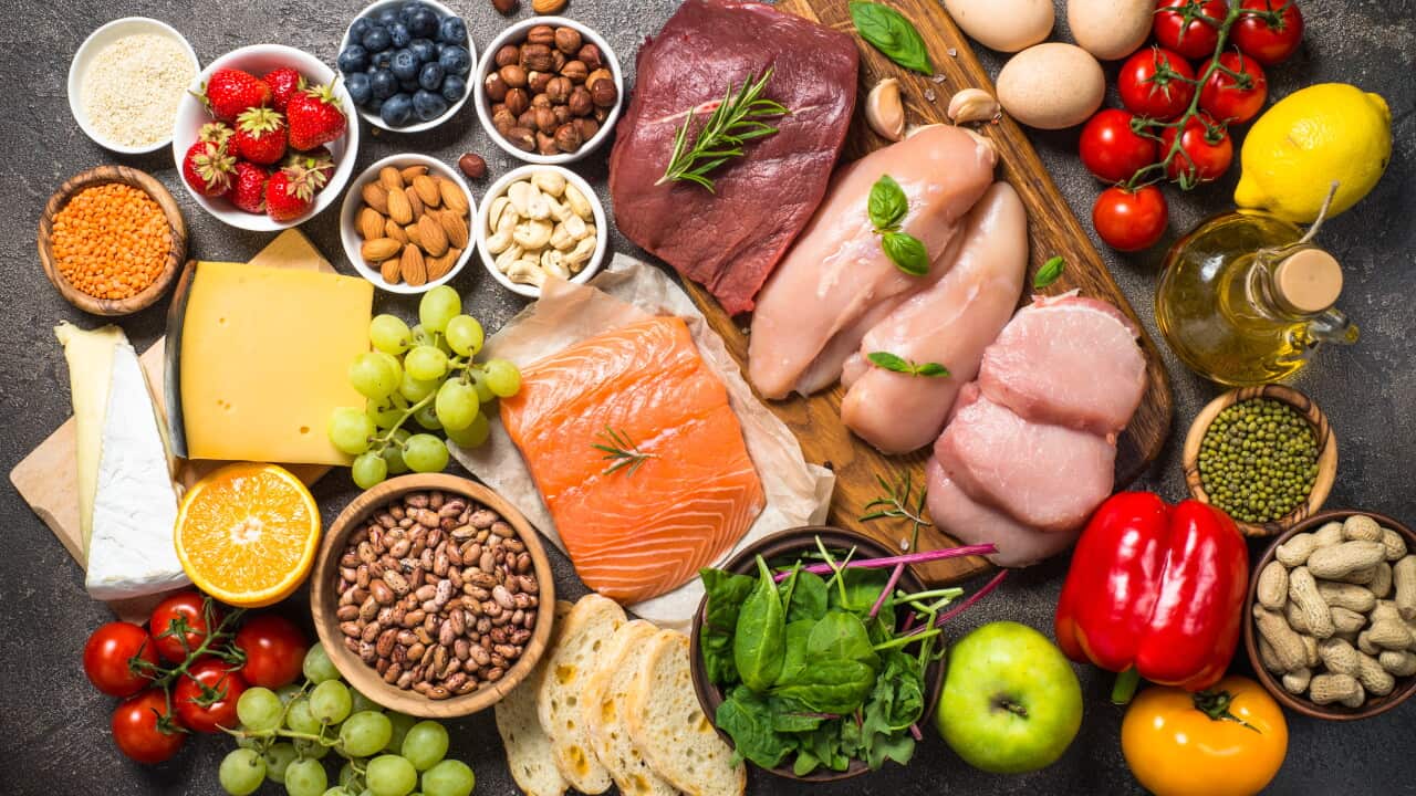 Balanced diet food background.