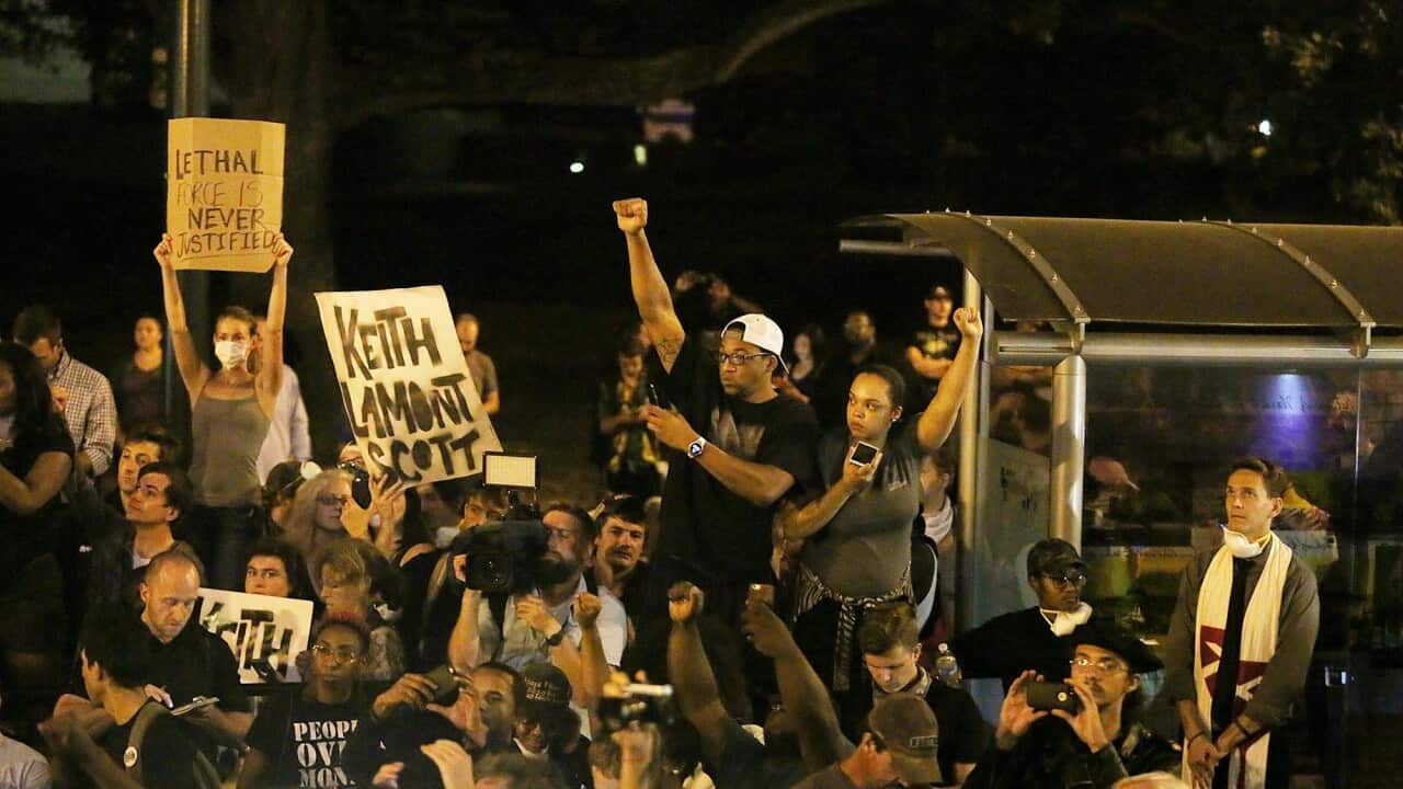 Protesters demonstrate in downtown Charlotte, North Carolina, USA, 22 September, 2016, three days after police officers shot and killed Keith Lamont Scott.