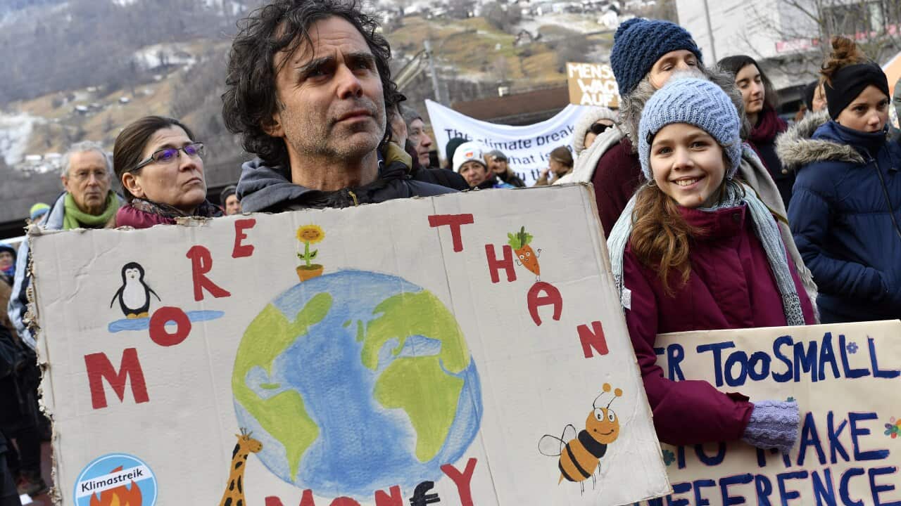 Around 500 activists gathered in Landquart, Switzerland, to hike the 40 kilometers to Davos to protest against climate change on January 19, 2020.
