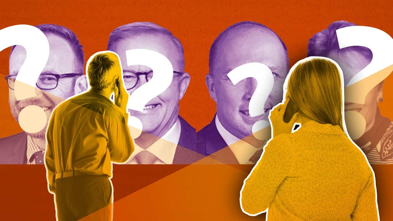 An image with two figures on the phone with Albanese, Dutton, Hanson and Bandt - leaders of the major parties, with question marks on their heads.
