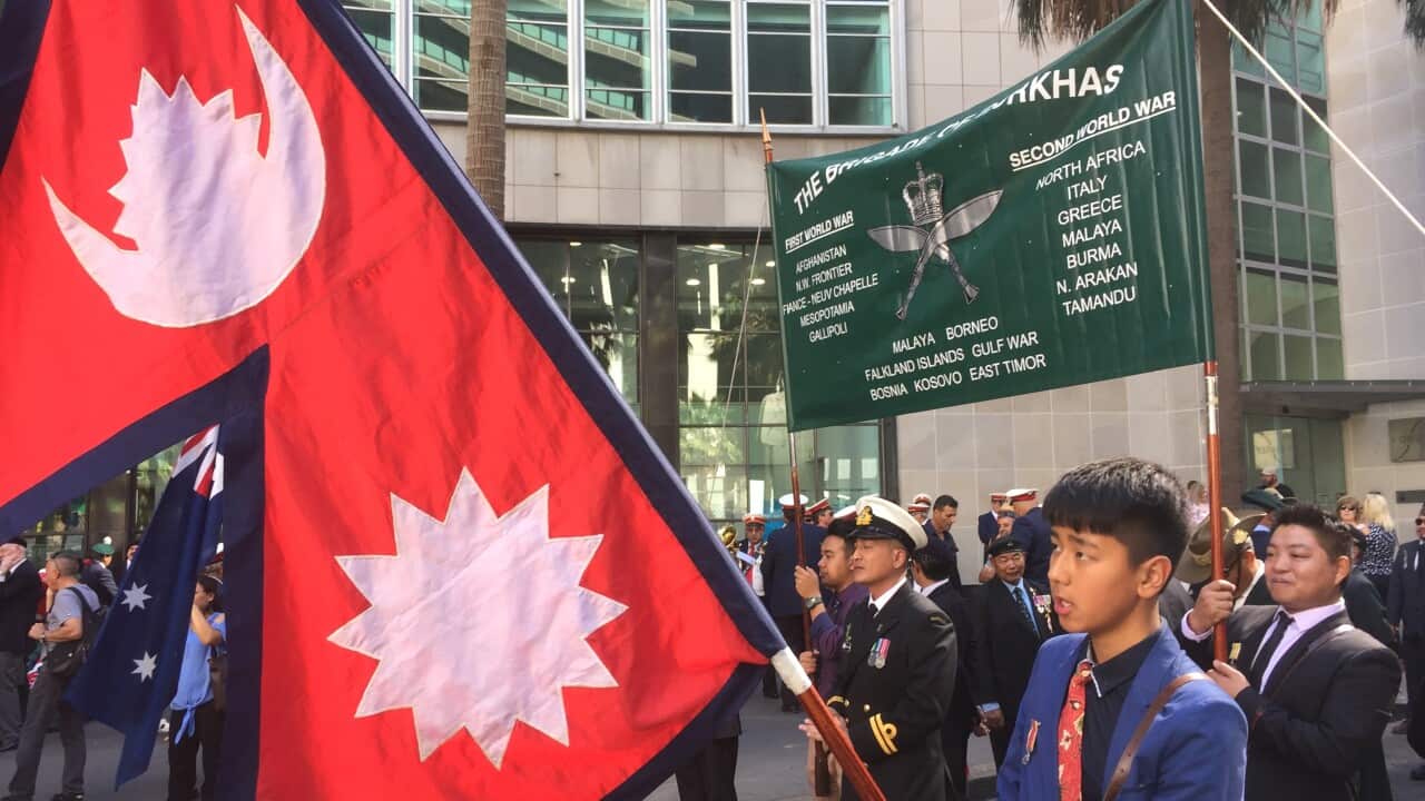 Former British Gurkha soldiers or members of their families march in Anzac Day parade 2019 in Sydney.