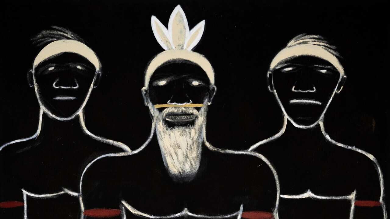 Image: Joseph Jungarrayi Williams, Warumungu people, Northern Territory, born 1978, Darwin, Northern Territory, The Telegraph Line, 2019, Tennant Creek, Northern Territory, synthetic polymer paint on cotton canvas, 91.0 x 61.0 cm; © Joseph Jungarrayi Will